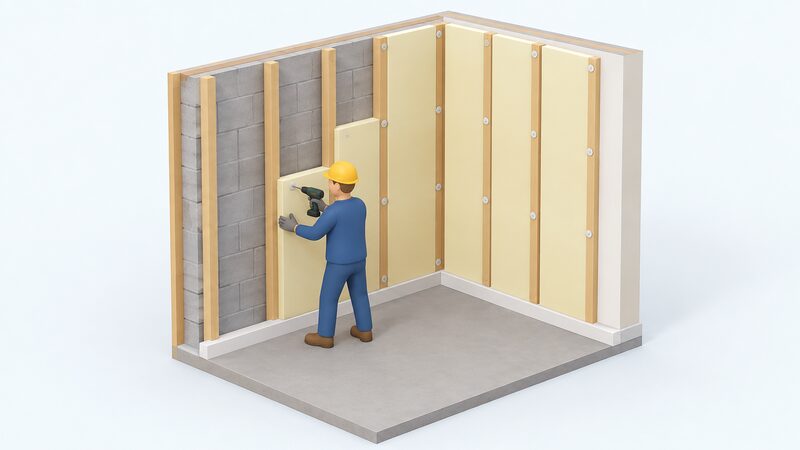 A cutaway room corner showing a worker fitting rigid insulation boards between vertical timber battens on an inside wall, with one board partly placed and fixings going into the timbers.
