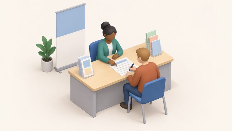 A simplified isometric council advice desk with a plain banner behind it, leaflet stands holding blank-covered leaflets, and a seated householder filling in a grant eligibility form on the desk while an adviser sits opposite pointing to a blank line on the form.