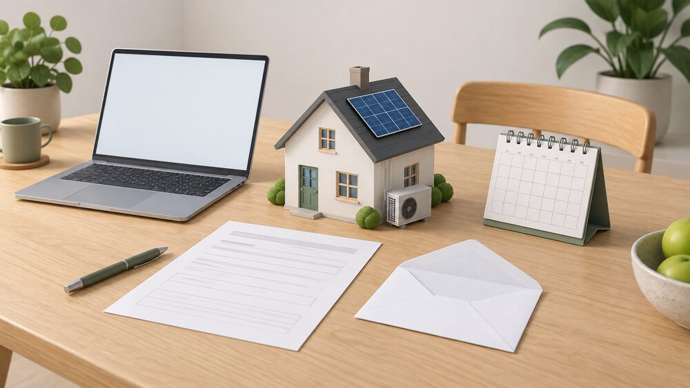 A kitchen table scene showing a blank application form and an open envelope beside a small model house with a tiny heat pump unit at its side and a miniature solar panel on its roof, with a laptop showing a blank screen and a calendar nearby.