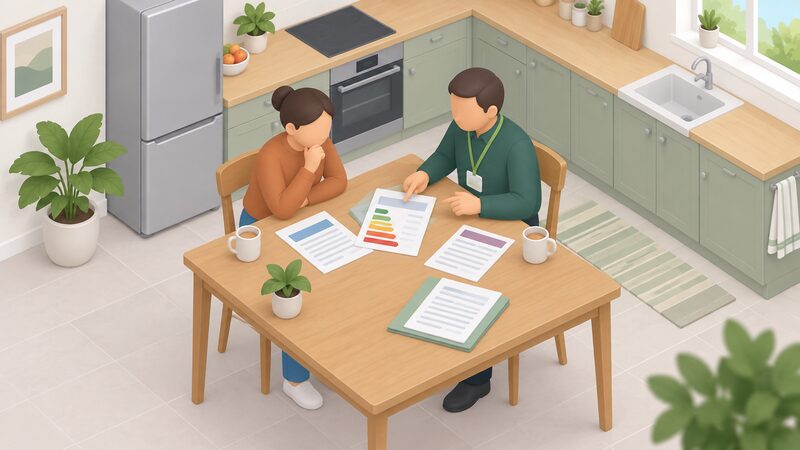 A householder and a home energy advisor sit at a kitchen table reviewing an EPC certificate and a council tax bill as proof of address, with grant application paperwork spread between them.