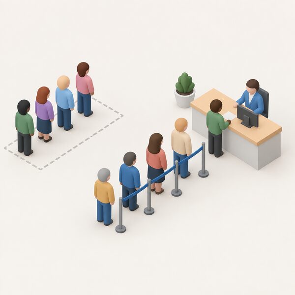A line of small simplified isometric figures of householders in plain clothing waiting in an orderly queue that extends beyond a plain counter or desk representing a local authority, with the figures at the front stepping through and those further back waiting on a marked waiting-list area behind them.