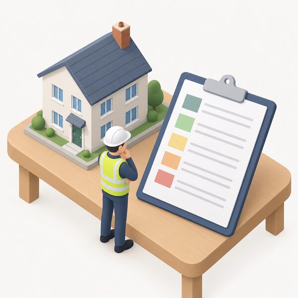 A surveyor's clipboard resting on a table beside a house model, holding a record sheet with blank lines and plain colour bands noting a property's previous energy efficiency work, with a small isometric surveyor figure reviewing the notes during an assessment.