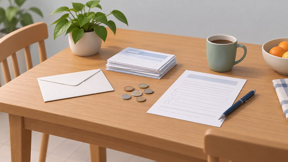 A kitchen table with a plain unopened envelope, a small stack of blank bills, a few coins and a blank application form beside a pen, suggesting a household sorting out energy debt help.