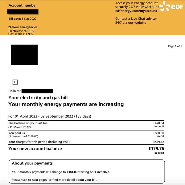 A scanned first page of an EDF Energy electricity and gas bill showing account balance and payment details