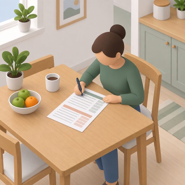 A printed household income and expenditure assessment form lying on a kitchen table, its income and spending sections shown as blank lines and plain colour blocks, with a pen beside it and a simplified isometric figure seated filling it in.