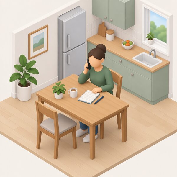 A simplified isometric figure sits at a kitchen table at home, holding a phone to their ear in conversation with a free debt advice service, with a notepad of blank lines and a pen beside them suggesting the income and expenditure picture being gathered before any charity grant application.