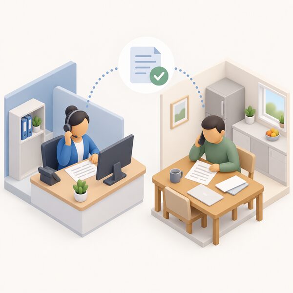 A customer service adviser at a desk with a headset and screen speaks on the phone with a household customer at their kitchen table, both reviewing simple documents as they agree a repayment plan for an energy bill.