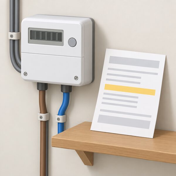 A close view of a domestic electricity meter mounted on an interior wall, with a paper electricity bill lying beside it on a small shelf, the bill's standing charge line shown as a plain highlighted band among blank lines.