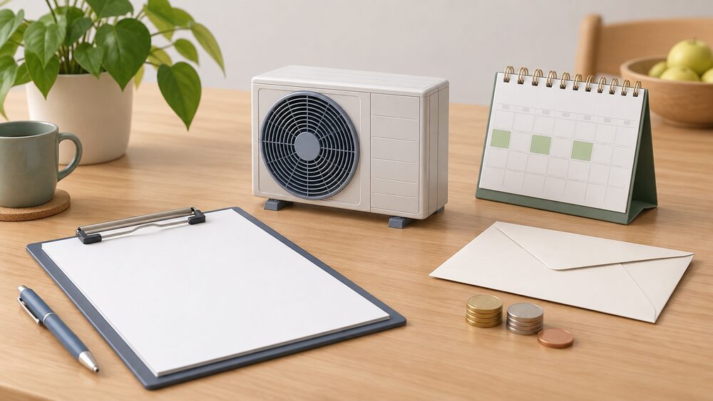 A small model of an air source heat pump standing on a kitchen table beside a blank application form on a clipboard, a sealed envelope, a desk calendar and a few coins, suggesting a household claiming quarterly renewable heat payments.
