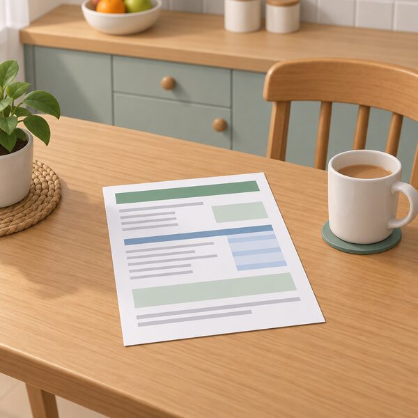 A quarterly renewable heat incentive payment statement lying flat on a domestic kitchen table, drawn as a physical printed sheet with blank lines and plain colour bands instead of readable figures, beside a mug and a simple chair, with no equipment or people shown.
