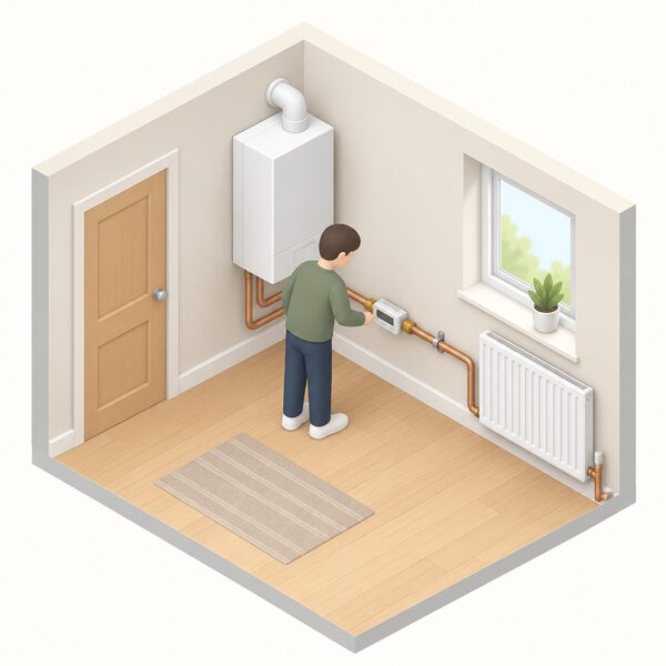 A small isometric view inside a home showing a heat meter fitted onto the horizontal flow pipework beside a heating system unit, with a simplified figure checking the meter, the meter connected in line between the unit and the pipe run leading away to the radiators.