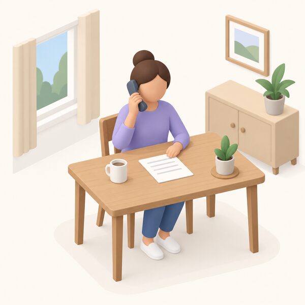 A simplified isometric figure sits at a table at home holding a telephone handset to one ear while a paper document with blank lines, the reference number, lies open beside them ready to hand.