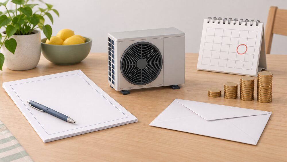 A small model of an air source heat pump standing on a kitchen table beside a blank declaration form, a sealed envelope, a wall calendar showing a circled date, and a coin stack representing quarterly payments.