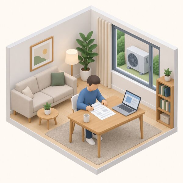 A simplified isometric homeowner seated at a table in their living room, completing a printed annual declaration form with a pen, with a laptop open beside them ready to submit it, and a heat pump visible through the window outside.