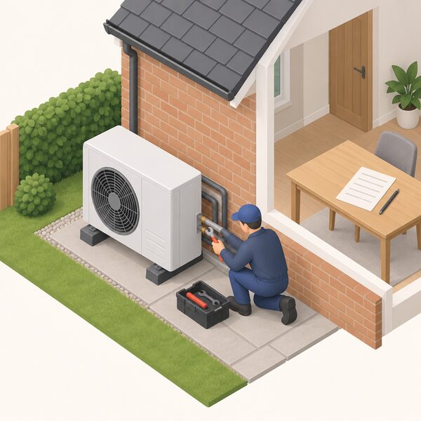 An installer in plain work clothing fitting a replacement MCS-certified heat pump unit outside a house, connecting it to the existing pipework, with a Replacement Product Declaration Form lying on a table indoors nearby.