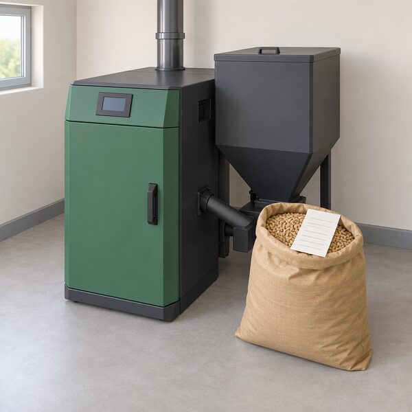 A domestic biomass boiler with an open bag of wood pellets beside it and a paper purchase receipt resting on top of the pellets bag, the receipt carrying a plain blank line where the BSL authorisation number would appear, all set on the boiler room floor.