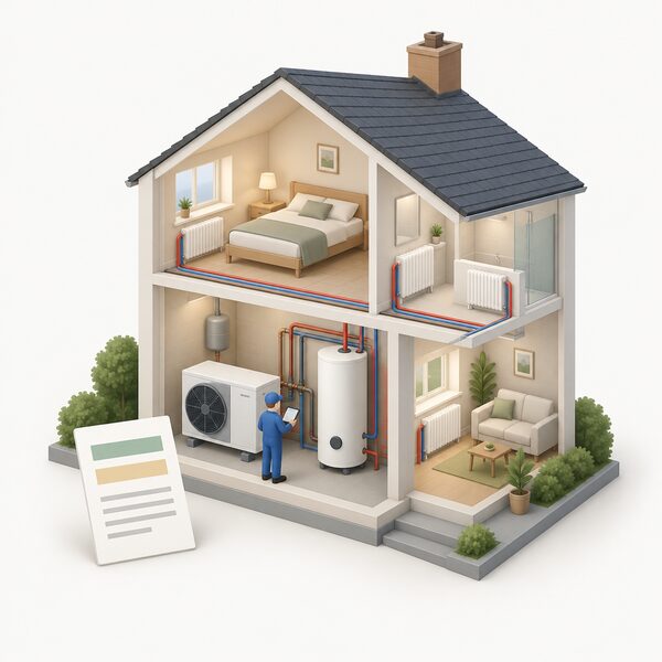 A cutaway view of a home with an accredited renewable heating system still installed and running in its final years, shown with a small figure checking it, and a simple document beside the equipment representing the secured tariff rate that continues until the scheme ends.