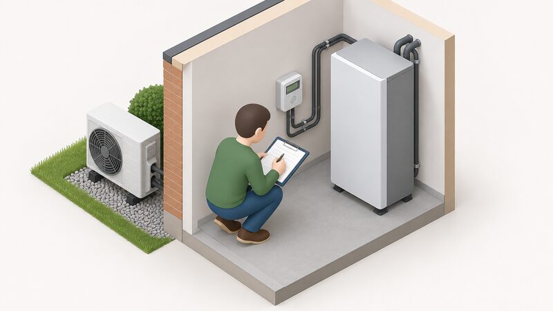 A simplified householder crouches beside a heat pump's electricity meter inside the home, reading its display and writing the figure into an open record book resting on a clipboard, with the heat pump unit visible nearby.