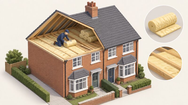 A simplified isometric installer in plain work clothing laying rolls of loft insulation between the joists in the loft space of a British semi-detached house, shown cut away so the pitched roof, joists and insulation are visible.
