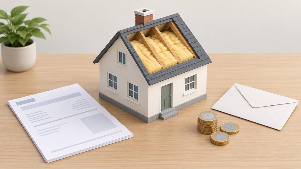 A small model house with a thick layer of loft insulation visible in its roof sits on a table beside blank energy bill paperwork, a short stack of coins and a plain envelope, suggesting a bill levy funding home insulation measures.