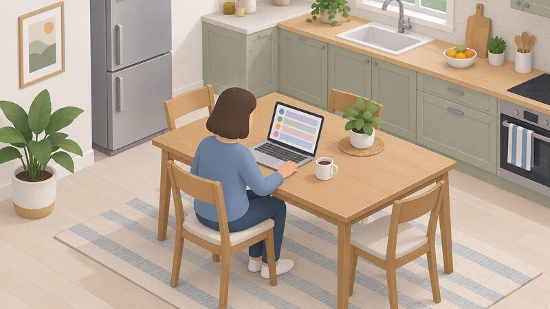 A householder sits at a kitchen table reading a laptop screen showing a plain list of supplier contact entries, with blank lines and colour bands instead of readable details, a mug beside them in a simple domestic kitchen setting.