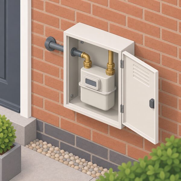 A small isometric view of a domestic gas meter box mounted on the outside brick wall of a house, with the meter inside the box and the inlet pipe entering from the wall, representing the household's gas and electricity supply.