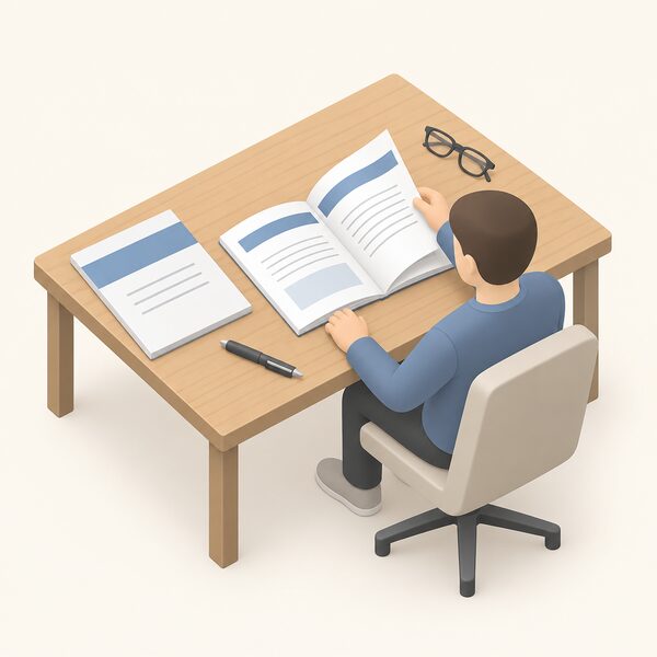 A printed report document lying on a wooden desk beside a pen and a pair of glasses, its cover and open pages shown with plain colour bands and blank lines only, with a small isometric figure of a reader seated at the desk turning a page.