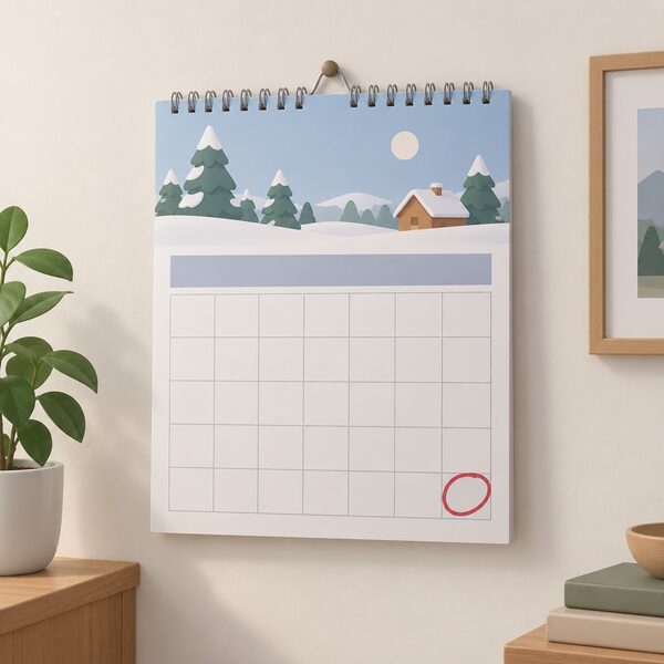 A wall calendar hanging on a plain interior wall, drawn as a physical object with a grid of blank date squares, one square circled in a bold pen stroke to mark the scheme's closing date, with no readable words or numbers anywhere on it.