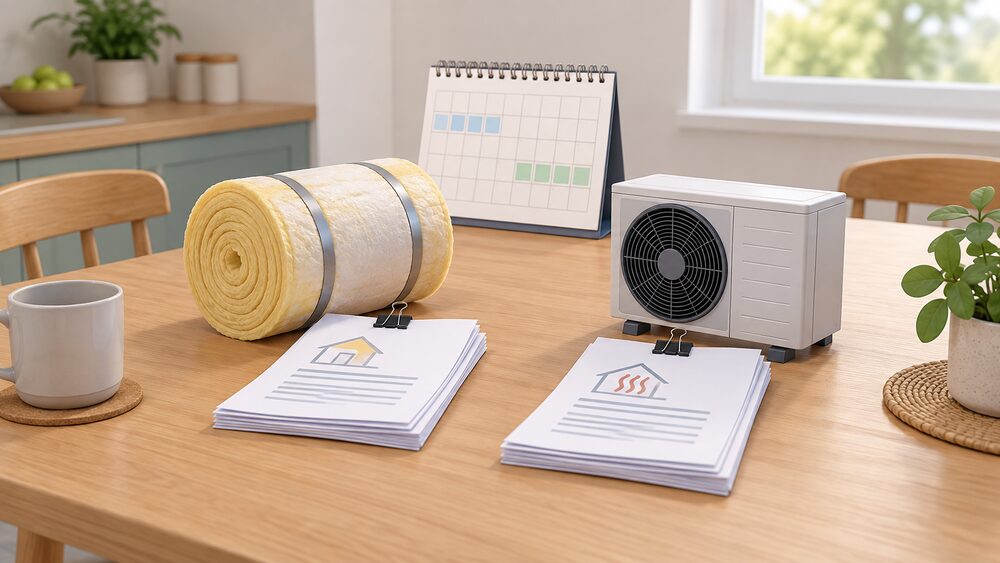 A kitchen table holding two separate small piles of blank paperwork, each clipped to its own small model of a home improvement — one a roll of loft insulation, one a compact heat pump unit — with a wall calendar standing behind them, showing two distinct projects kept apart rather than combined.