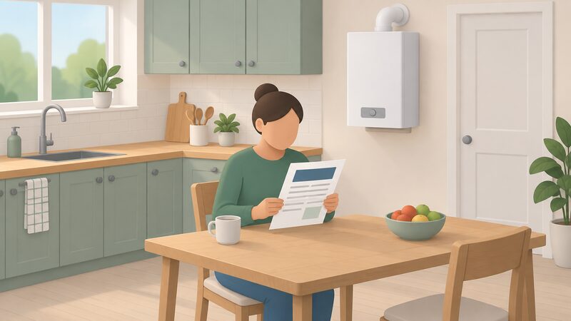 A householder sits at a kitchen table reading a scheme eligibility letter, its content shown only as blank lines and plain blocks, with a wall-mounted gas boiler visible on the kitchen wall behind them.