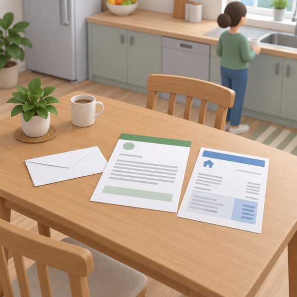 A plain envelope and a grant award letter lying flat on a wooden kitchen table beside a household bill, both shown as physical documents with blank lines and plain colour bands instead of readable content, in a simple domestic kitchen setting.
