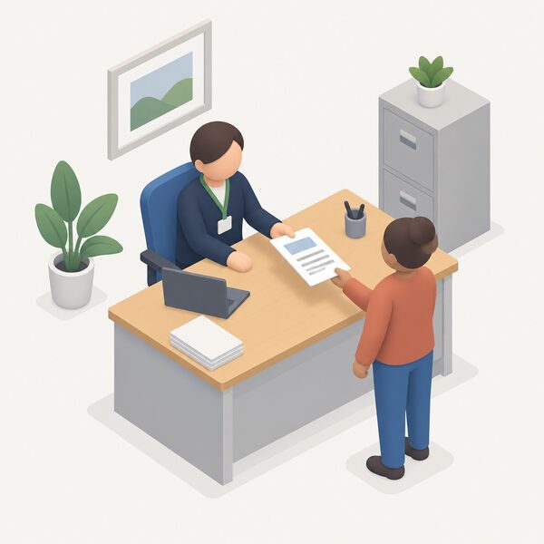 A small isometric council officer sits behind a plain desk in a council office, handing a referral form across to a householder figure standing opposite, with the paperwork shown as blank lines and plain blocks so nothing is readable.