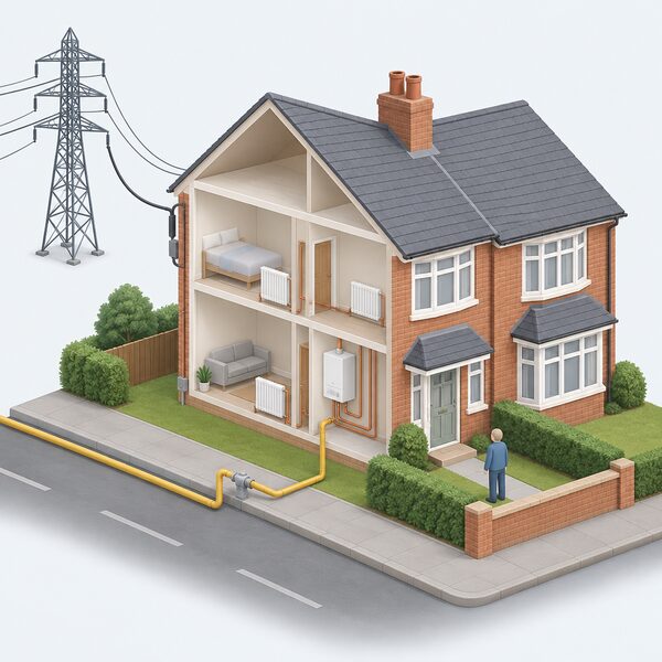 A typical British semi-detached house shown in cutaway with a gas boiler and radiators inside, a small isometric figure beside it, and a simplified electricity pylon and cable plus a gas pipe running from the street to the house, showing it still connected to both networks.