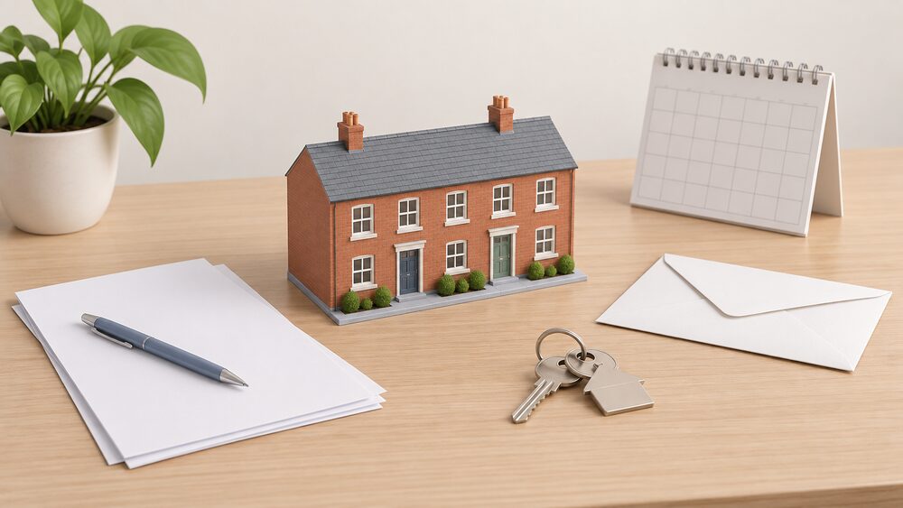 A small plain model of a terraced house sits on a table beside blank application paperwork, a sealed envelope, a set of house keys and a wall calendar, suggesting a household checking whether it qualifies for a heating grant.