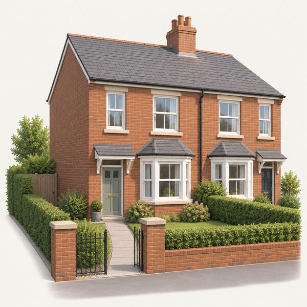 A modest British semi-detached brick house seen from the street, with a front door, sash windows, a pitched tiled roof and a small front garden path, shown as an ordinary private home that could qualify for a grant.