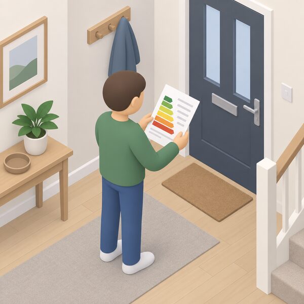 A simplified isometric figure stands in a home hallway holding a printed Energy Performance Certificate sheet, shown as a physical document with plain colour bands and blank lines instead of readable figures, beside the home's front door.
