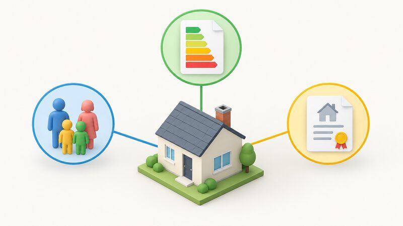 A simple diagram of a small house with three connected test panels around it: one showing a household group of simplified figures, one showing an energy certificate sheet with plain colour bands, and one showing a document representing ownership, all linked to the house by plain lines.