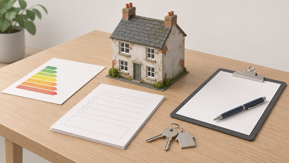 A small model of a draughty older house with poor insulation sits on a table beside a blank energy certificate document, a council declaration form, a clipboard with a pen, and a set of keys, suggesting a household gathering evidence of eligibility for a closed grant scheme.