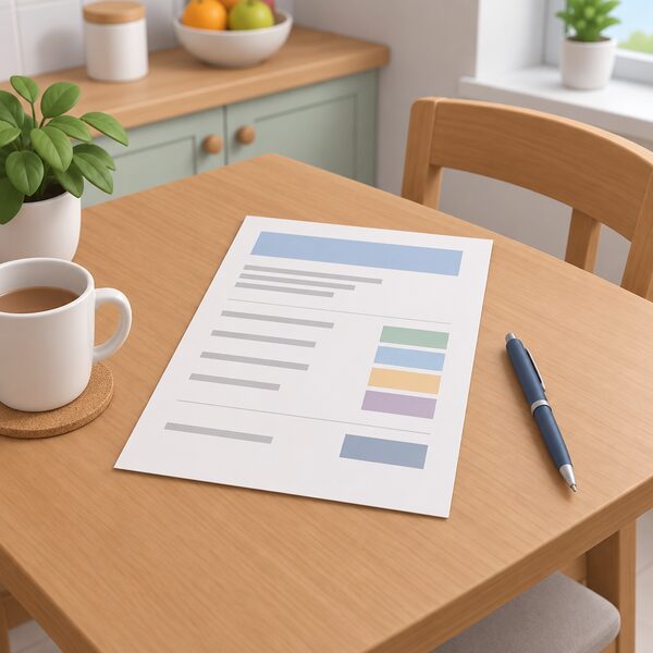 A household income statement lying on a kitchen table beside a pen, drawn as a physical letter with blank lines and plain colour blocks standing in for the gross annual income figures, representing the ECO4 income route for households claiming no qualifying benefit.