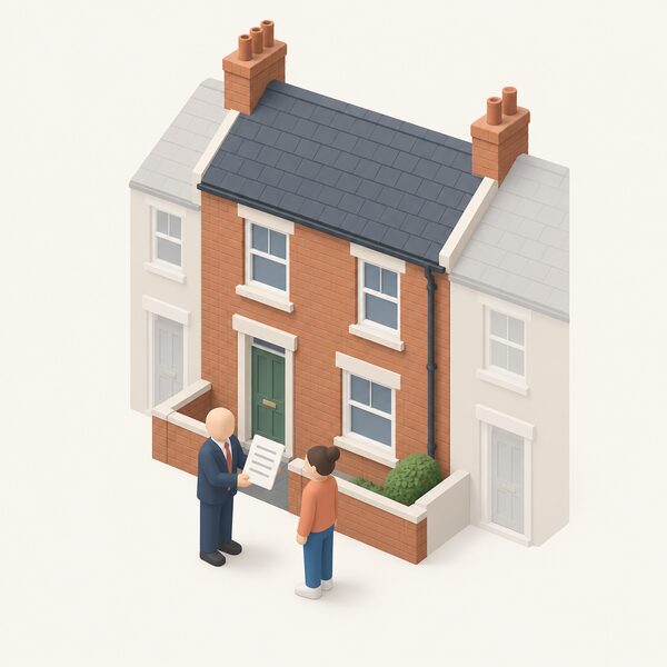 A simple privately rented terraced house with a small isometric landlord figure standing outside the front door holding a document, while a tenant figure stands nearby, showing that the tenant needs the owner's permission before work can go ahead.