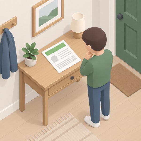 A printed energy performance certificate lying on a table in a home's hallway, shown as a physical document with a plain colour band across its top and blank lines for its contents, beside a small isometric figure of a homeowner looking at it.