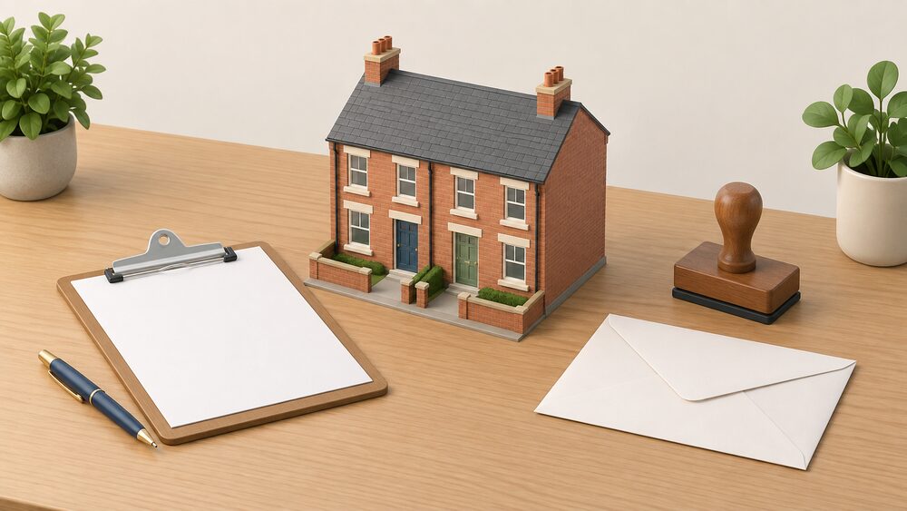 A small model of a terraced house sits on a wooden table beside a blank application form on a clipboard, a sealed envelope, and a council-style rubber stamp, representing a household choosing between two referral routes to the same grant.
