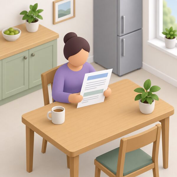 A household kitchen table scene where a simplified figure holds a benefit award letter, the qualifying evidence for the Help to Heat route, laid flat with blank lines and plain colour bands so no words or figures are readable.