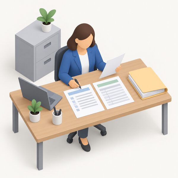A simplified isometric auditor seated at an office desk reviewing a Flex declaration form and installation record paperwork laid out side by side, with a folder of further documents at hand, showing the desk-based audit of declaration and installation records.