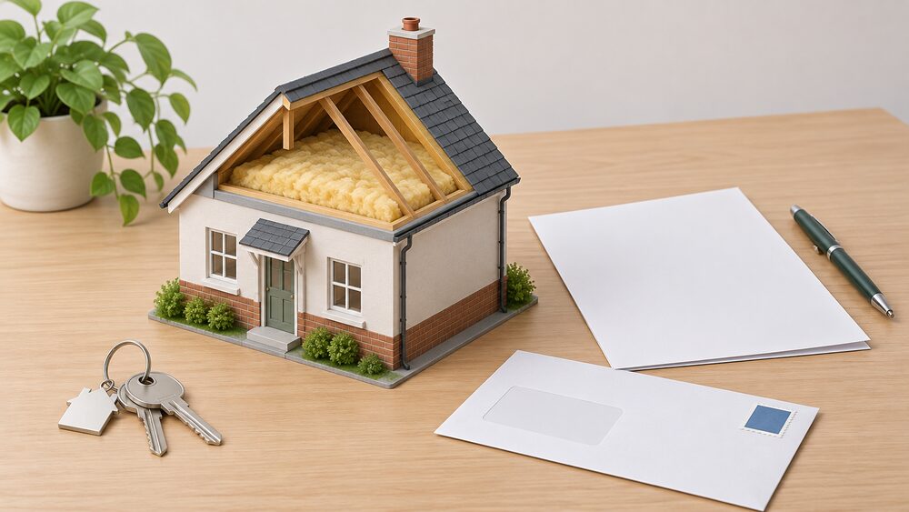 A small cutaway model of a house with thick insulation in its loft sits on a table beside a blank council letterhead form, a stamped envelope, a pen and a set of house keys, suggesting a council referral for home energy efficiency improvements.