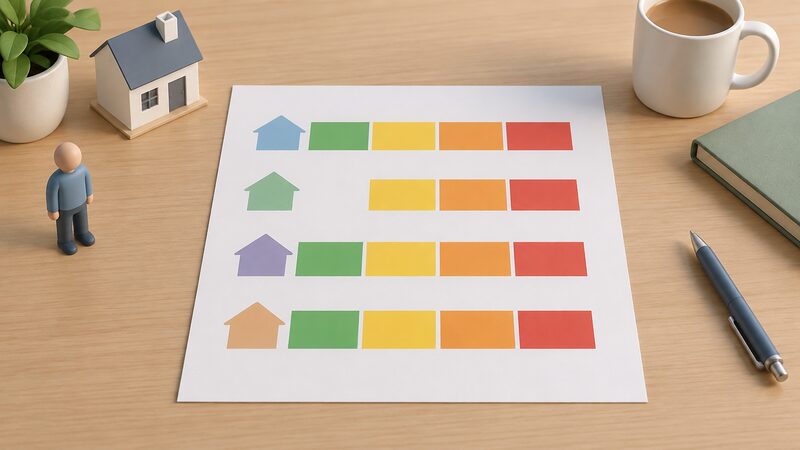 A printed diagram sheet lying on a table showing four horizontal route rows, each row carrying a set of plain colour blocks representing EPC bands, with Route 2's row starting one block later than the others to show its narrower band range.