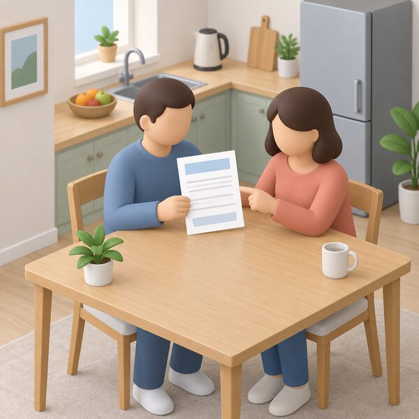A household at a kitchen table holding a council declaration form, shown as a physical document with blank lines and plain blocks, while a second simplified figure points to it, with no benefits paperwork present.