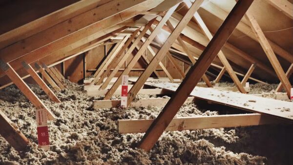 Loft space with blown granulate insulation between the joists, with ROCKWOOL depth-gauge rulers and wooden boarding walkway
