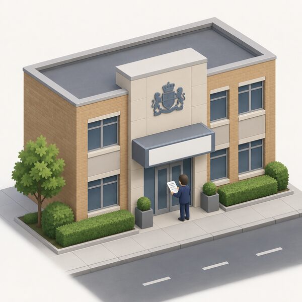 A modest UK council office building seen from the street, with a plain blank sign panel by the entrance, a simplified isometric figure of a council staff member at the doorway handling a referral letter, representing the councils that refer households under the voluntary Flex route.