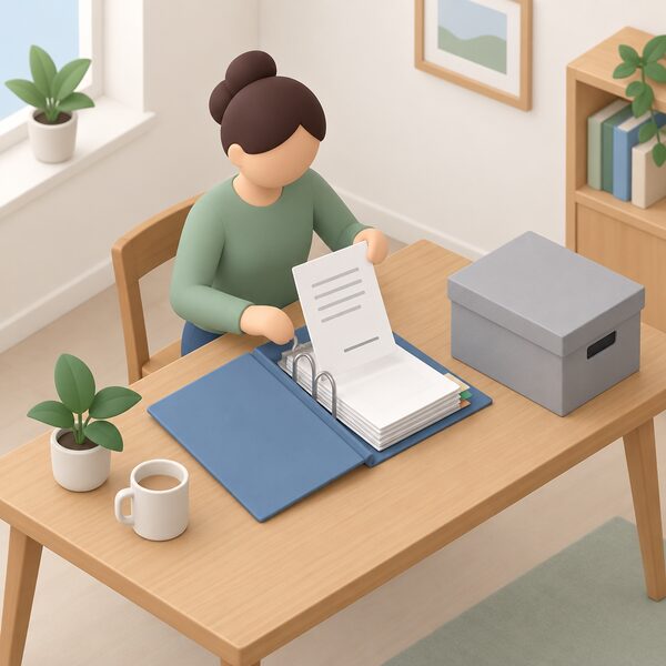 A simplified isometric figure at a home table sliding a dated declaration document, its date shown only as a blank line, into a ring binder folder among other filed papers, with a closed document box nearby ready for storage.